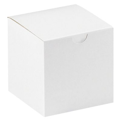GB444.jpg The MH-USA 4 x 4 x 4 white gift box is cube-shaped with a front flap, perfect for packaging or storage. It appears on a sleek white background and comes in cases of 100.
