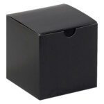 The MH-USA 4 x 4 x 4 Black Gloss Gift Boxes, presented on a white background, showcase a minimalist design with a sleek black lid and a semi-circular front cutout for easy opening. Each case contains 100 of these elegant boxes.