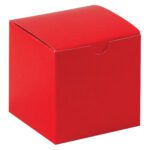 A small, closed MH-USA 4 x 4 x 4 Holiday Red Gift Box with a curved top and cutout for opening, displayed on a white background.