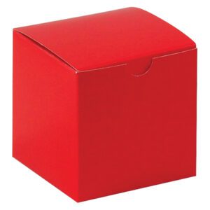 A small, closed MH-USA 4 x 4 x 4 Holiday Red Gift Box with a curved top and cutout for opening, displayed on a white background.