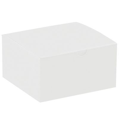 GB553.jpg The MH-USA 5 x 5 x 3 White Gift Boxes, with a closed lid against a white backdrop, are unmarked and versatile for packaging or storage. Each case includes 100 boxes, perfect for bulk needs.