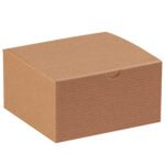 A 5 x 5 x 3 closed, plain brown Kraft Gift Box from our 100/Case collection sits against a white background with a tuck-in flap, appearing sturdy and perfect for packaging or storage needs.