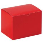 A plain, sturdy MH-USA Holiday Red Gift Box, measuring 6 x 4.5 x 4.5 inches, features a smooth surface and a small semicircle cutout for opening while set against a white background to highlight its solid color and simple design.