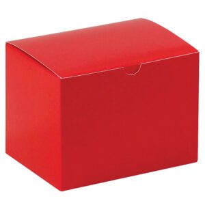 A plain, sturdy MH-USA Holiday Red Gift Box, measuring 6 x 4.5 x 4.5 inches, features a smooth surface and a small semicircle cutout for opening while set against a white background to highlight its solid color and simple design.
