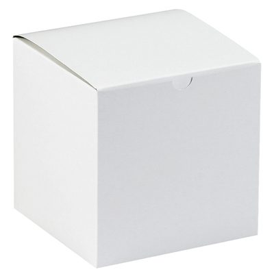 GB666.jpg A plain, white, square cardboard box like the MH-USA 6 x 6 x 6 White Gift Boxes (100/Case) is shown with a closed lid on a pristine white backdrop.