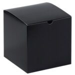 The MH-USA 6 x 6 x 6 Black Gloss Gift Box is cube-shaped with a smooth surface and features a semi-circular notch for easy opening. Offered in cases of 100, it adds elegance to gifting, set against a white background.