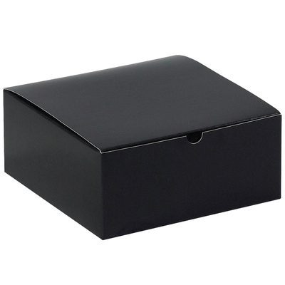 GB883BK.jpg A matte black cardboard box, inspired by the MH-USA 8 x 8 x 3 1/2 Black Gloss Gift Boxes (100/Case), sits against a white background. It has a slightly raised lid with no markings.