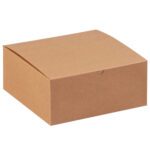 Against a white background sits a brown rectangular box with a front notch. This simple, versatile 8 x 8 x 3 1/2 Kraft Gift Box is ideal for multiple uses and comes in a pack of 100 per case.