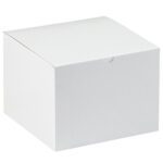 A smooth MH-USA 8 x 8 x 6 white gift box, with a closed lid and small opening tab, seen from a slight angle. Sold in cases of 50.