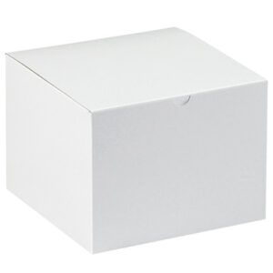 A smooth MH-USA 8 x 8 x 6 white gift box, with a closed lid and small opening tab, seen from a slight angle. Sold in cases of 50.