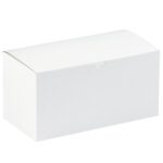 The MH-USA 9 x 4 1/2 x 4 1/2 white gift box, included in a case of 100, features a simple tab closure and elegant design against a white backdrop, making it perfect for any occasion.
