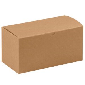 The 9 x 4 1/2 x 4 1/2 Kraft Gift Boxes have a simple rectangular shape with a closed lid and small tab for easy opening. Their plain brown design contrasts well with a white background, making them ideal for versatile gifting needs. They are sold in cases of 100.