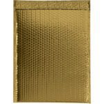 The MH-USA 13 x 17 1/2 Gold Glamour Bubble Mailer is a gold padded envelope featuring a textured, bubble-wrap surface, reflective sheen, and a top flap for sealing. Available in cases of 100.