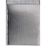 The MH-USA Silver Glamour Bubble Mailers are 13 x 17 1/2 in size and feature a light-reflecting, textured surface. They have a unique bubbly pattern on the metallic exterior and come sealed at the top, available in packs of 100 per case for protective packaging.