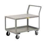 The Little Giant Sloped Handle Heavy-Duty Utility Cart features a gray design with two sturdy shelves and four black caster wheels. Its sloped handle ensures easy maneuverability, making it perfect for various tasks.