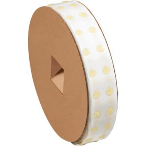 A roll of 1/2 Dot Shot® Low Tack Glue Dots® on a cardboard spool with evenly spaced, low-profile clear dots, ideal for temporary bonding. (1500/Roll).