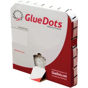 The 1/2 Super High Tack Glue Dots® Medium Profile roll in the red and white dispenser box with logo and reorder details offers easy dot access through a triangular bottom opening, containing 2000 dots.