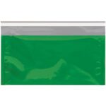 The MH-USA Green Metallic Glamour Mailer, sized 6 1/4 x 10 1/4, includes a resealable white zipper and comes in cases of 250, showcased against a white backdrop.
