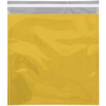 A yellow resealable plastic bag with a transparent top and zip-lock closure resembles the MH-USA 10 3/4 x 13 Gold Metallic Glamour Mailers (250/Case) in style, placed against a plain backdrop.