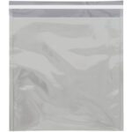 A clear resealable plastic bag with a zip is showcased on a plain background, echoing the glossy allure of MH-USAs 10 3/4 x 13 Silver Metallic Glamour Mailers (250/Case) by reflecting light brilliantly.