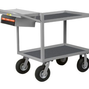 The Little Giant Instrument Cart with Writing Shelf and Storage Pocket offers two levels, four large black wheels, a flat-top surface, a storage shelf, and an attached rectangular compartment with an orange label.