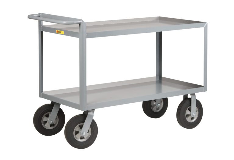 Introducing the Little Giant Cushion-Load Merchandise Collectors, featuring two spacious shelves, four black wheels for smooth transport, sturdy gray metal construction, and a convenient handle for easy maneuverability—ideal for any task.