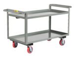 The Little Giant Double Handled Heavy-Duty Shelf Truck is a gray metal utility cart with two shelves and red rubber wheels, designed for easy tool or material transport. It includes sturdy handles on both ends for better maneuverability.