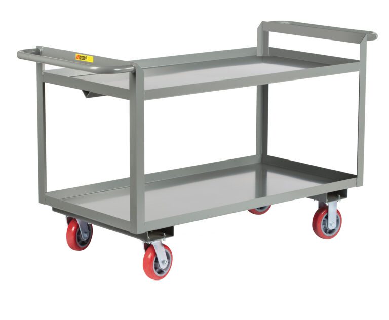 The Little Giant Double Handled Heavy-Duty Shelf Truck is a gray metal utility cart with two shelves and red rubber wheels, designed for easy tool or material transport. It includes sturdy handles on both ends for better maneuverability.