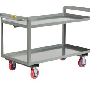 The Little Giant Double Handled Heavy-Duty Shelf Truck is a gray metal utility cart with two shelves and red rubber wheels, designed for easy tool or material transport. It includes sturdy handles on both ends for better maneuverability.