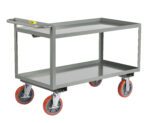 The Little Giant Merchandise Collectors utility cart has two shelves, a handle, and sturdy red and gray swivel wheels, ensuring easy movement. Its perfect for transporting items in industrial or commercial settings.
