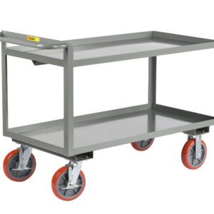The Little Giant Merchandise Collectors utility cart has two shelves, a handle, and sturdy red and gray swivel wheels, ensuring easy movement. Its perfect for transporting items in industrial or commercial settings.