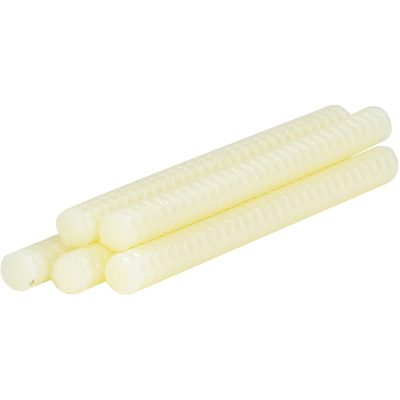GL3M3762Q.jpg Six translucent, pale yellow 8 3M™ 3762LMQ Low-Melt Glue Sticks, known for their smooth surface and cylindrical shape, are stacked neatly against a white background, ideal for various crafting needs.