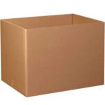 An empty, large plain cardboard box with an open top exposes its brown, textured exterior. This MH-USA 40 x 30 x 30 Triple Wall Gaylord Bottom is on a white background, showcasing its simple yet sturdy design. Available in bundles of five.