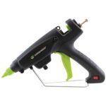 The MH-USA Industrial High Performance Adjustable Temperature Glue Applicator, featuring a black and green design, a metal stand, and a handle power switch, is perfect for crafting and DIY projects. Its green nozzle offers precise application.
