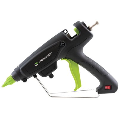 GL4300.jpg The MH-USA Industrial High Performance Adjustable Temperature Glue Applicator, featuring a black and green design, a metal stand, and a handle power switch, is perfect for crafting and DIY projects. Its green nozzle offers precise application.