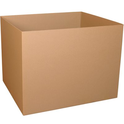 GL482428DW.jpg A large open cardboard box with a plain brown surface resembles the MH-USA 48 x 24 x 28 Double Wall Gaylord Bottom (5/Bundle). Its rectangular shape, viewed at an angle, emphasizes its depth and spacious interior against a white background.