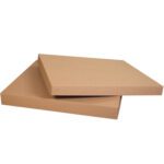 Two sturdy, flat, rectangular cardboard boxes are stacked with the top one slightly open at a corner. They have a natural brown color and resemble MH-USA 48 3/4 x 24 3/4 x 5 Double Wall Gaylord Lids, ideal for shipping or packaging needs.