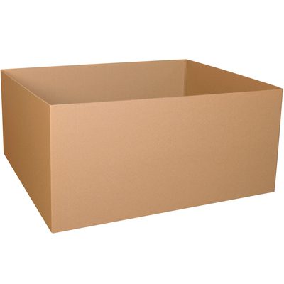 GL484024.jpg A large brown open-top cardboard box labeled as MH-USA 48 x 40 x 24 Gaylord Bottom (5/Bundle) is set against a white background, angled slightly to showcase its depth and sturdy build.