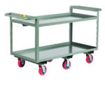 The Little Giant 6 Wheeled Double Handled Heavy-Duty Shelf Truck boasts a gray cart with two shelves and six red wheels. Designed for industrial or commercial use, it features handles on both ends for easy transportation of items.