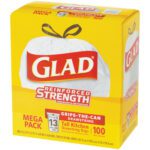 Glad® Drawstring Trash Bags - 13 Gallon, White (100/Case) come in bright yellow packaging with the red Glad logo. These reinforced bags efficiently tackle kitchen waste.