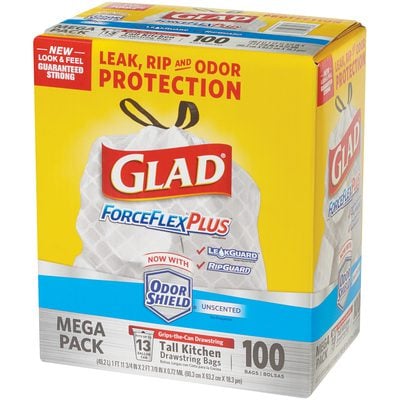 GLAD13FFW.jpg A case of Glad® ForceFlex® Trash Bags includes 100 white, 13-gallon, unscented bags with features like leak, rip, and odor protection with Odor Shield—perfect for a clean kitchen environment.