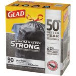 The Glad® Drawstring Trash Bags - 30 Gallon, Black (90/Case) feature 50% Better Tear Resistance and 20% More Puncture Resistance, ideal for 30-gallon cans.