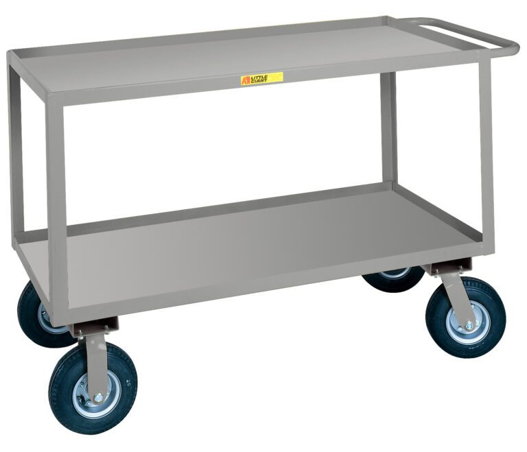 The Little Giant Flush-Handle Instrument Cart is a two-tier, gray, rectangular metal cart with a sturdy frame and four large rubber wheels. Its perfect for heavy-duty use in warehouses or workshops.
