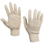 The MH-USA String Knit Cotton Gloves - Large (12 Pair/Case) feature two off-white gloves with a textured surface and snug wrist cuffs, exemplifying comfort and functionality against a plain backdrop.