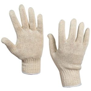 The image shows two MH-USA String Knit Cotton Gloves - Small in beige, with one glove palm up and the other palm down. Featuring a ribbed cuff and stretchy design, these gloves are ideal for general tasks and come in a 12 pair/case package.