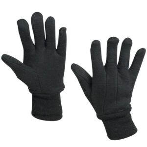 A pair of MH-USA 100% Jersey Cotton Gloves - Small, with ribbed cuffs, is shown palm up and down on a white background. Each case includes 12 pairs of these sleek black gloves.