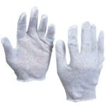 The MH-USA Cotton Inspection Gloves 2.5 oz. - Small (12 Pair/Case) are displayed on a white background, emphasizing their smooth texture and lightweight design. These gloves are perfect for handling delicate items or offering basic hand protection.