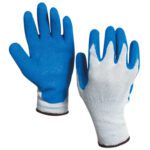 The MH-USA Rubber Coated Palm Gloves - Extra Large (12 Pair/Case) showcase two gloves: blue rubber-coated palms and fingers with white knit fabric on backs and cuffs, one glove facing palm up and the other palm down.