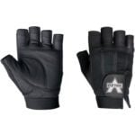 Black fingerless MH-USA Pro Material Handling gloves with VALEO logo, padded palms for comfort, and adjustable straps for a perfect fit. Available in Large as 2 pairs per case, ideal for any fitness enthusiast.