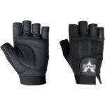 MH-USA Pro Material Handling Fingerless Gloves, available in medium with a secure strap and white logo; perfect for fitness activities like weightlifting. Each set includes 2 pairs per case, displaying one glove palm up and the other palm down.